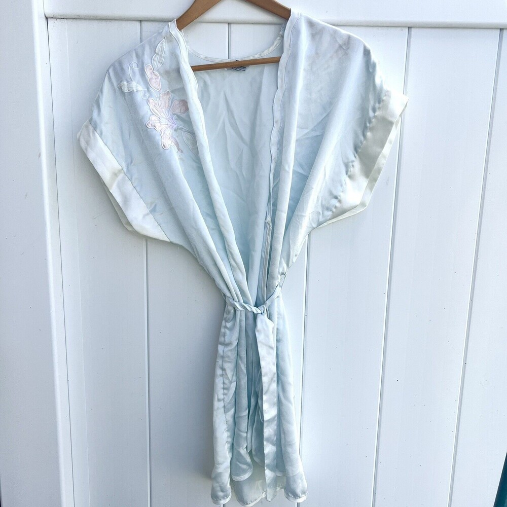 Vintage LUCIE ANN II Robe Blue Satin Floral Embroidered Women’s Small